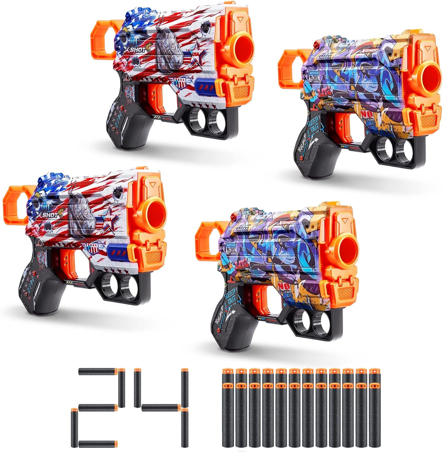 XShot Skins Menace - Graffiti & US Army (4 Pack + 24 Darts) by ZURU, Easy Reload, Air Pocket Dart Technology, Toy Foam Dart Blaster for Kids, Teens, Adults, Frustration Free Packaging