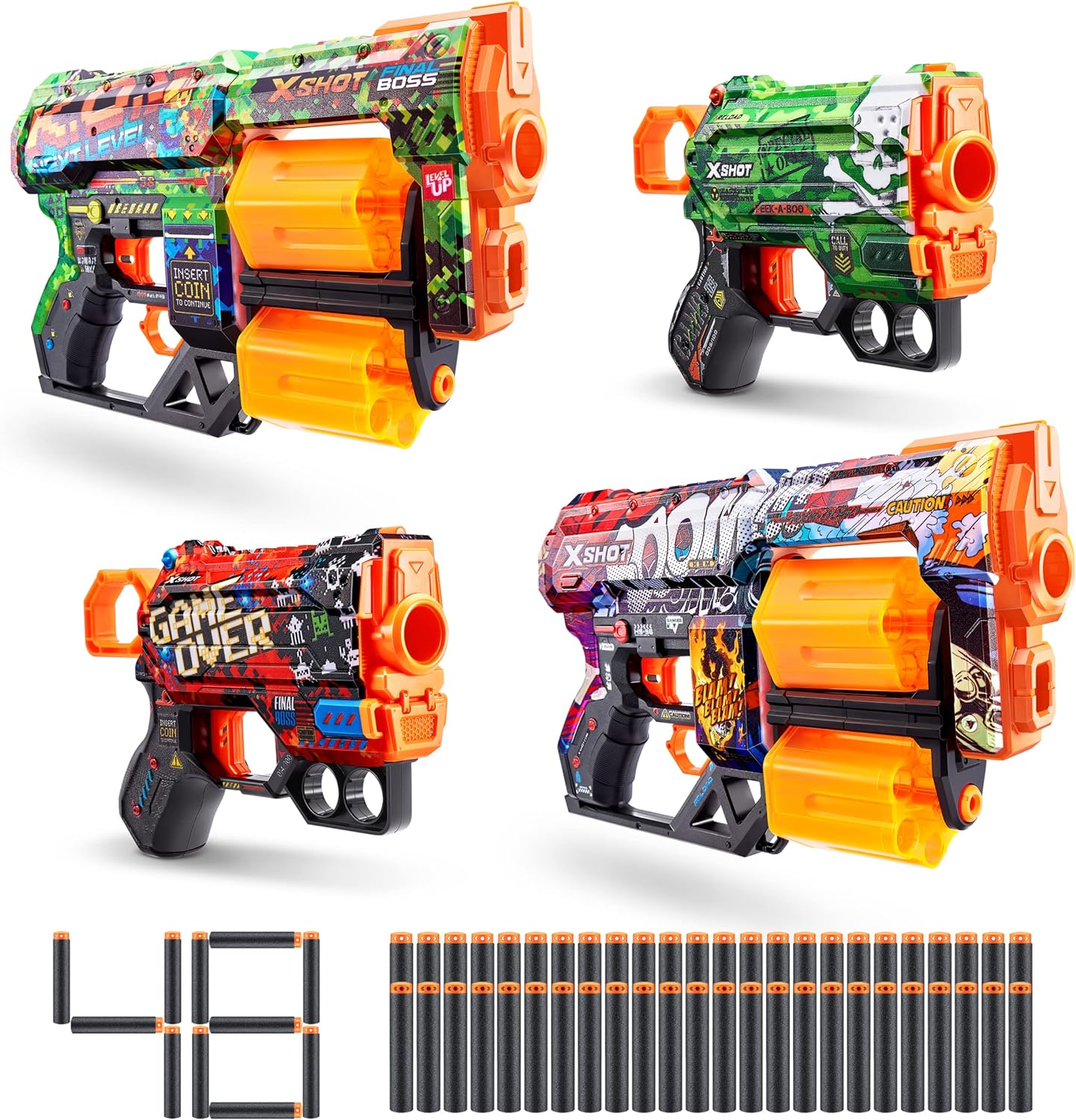 XShot Skins Dread & Menace (4 Pack   48 Darts) by ZURU, Easy Reload, Toy Foam Dart Blaster for Kids, Teens, Adults, Frustration Free Packaging (Boom & K.O & Game Over & Camo)