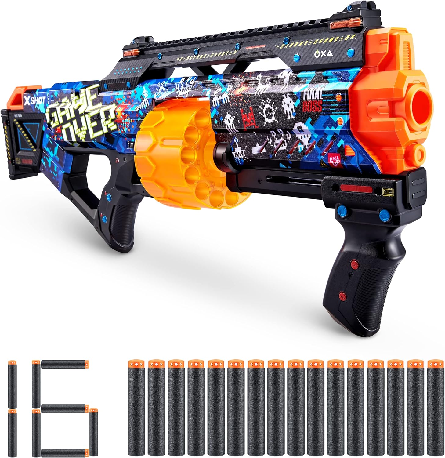 XShot Skins Last Stand - Game Over 16 Darts by ZURU, X-Shot, Slam Fire, Auto Rotating Barrel, Toy Foam Blaster & Guns, Dart Blaster, Fun Gifts for Kids, Teens, Adults, Frustration Free Packaging