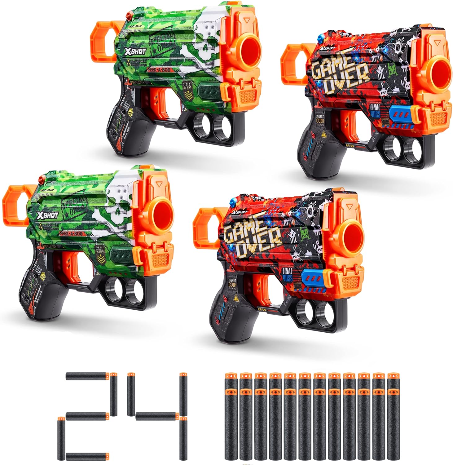 XShot Skins Menace - Camo & Game Over (4 Pack   24 Darts) by ZURU, Easy Reload, Air Pocket Dart Technology, Toy Foam Dart Blaster for Kids, Teens, Adults, Frustration Free Packaging