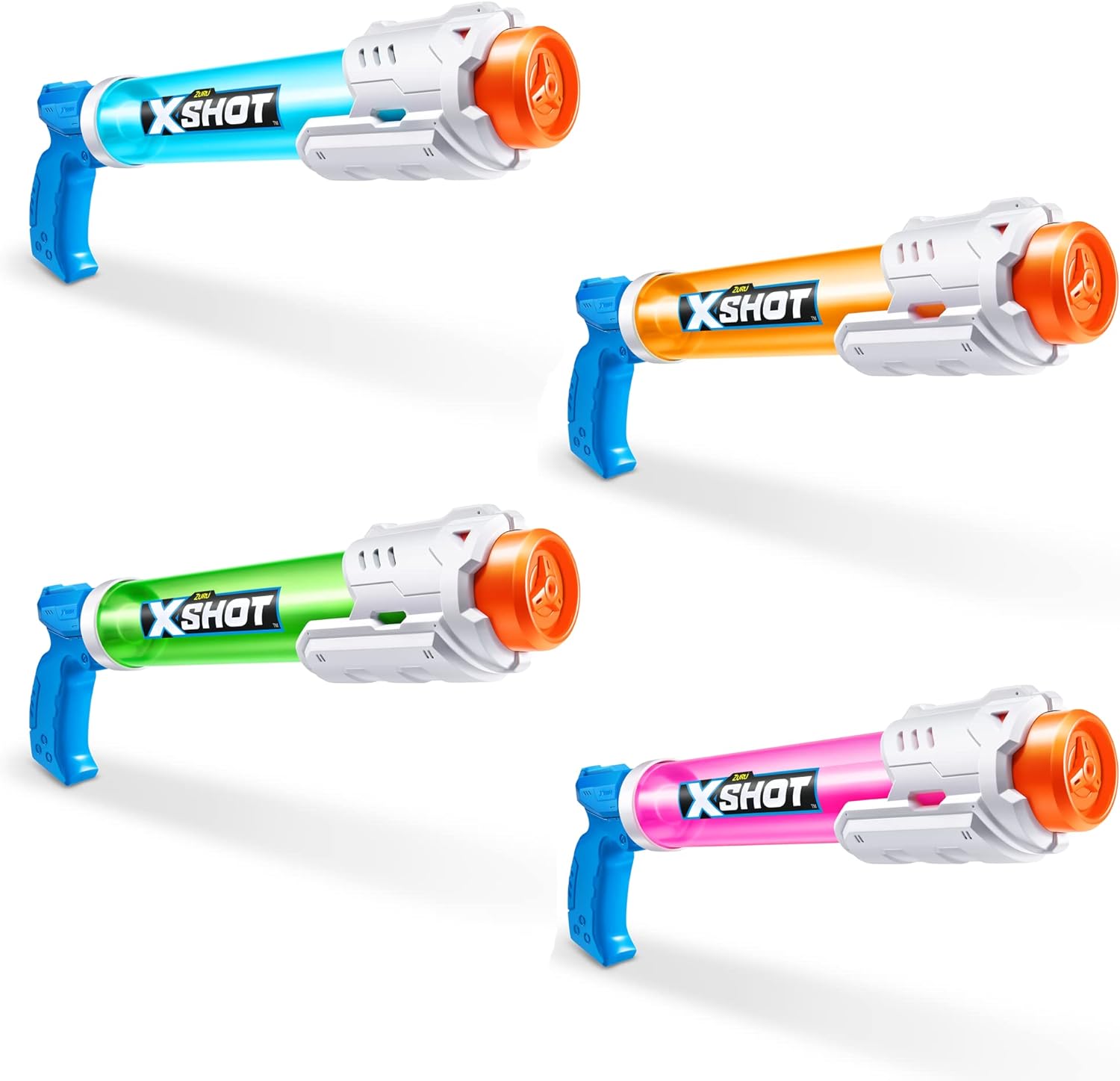 X-Shot Water Warfare Small Tube Soaker (4 Pack) by ZURU Super Soaking Pump Action, Pool Party Pack, Fills up to 380ml, Shoots up to 8 Meters, for Boys, Girls, Children