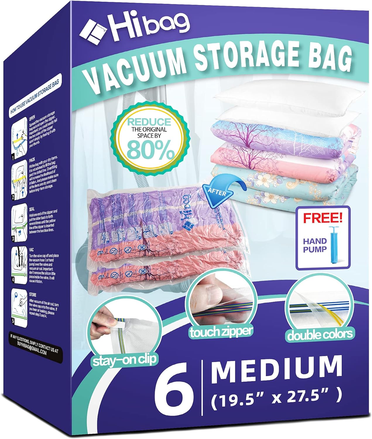 6 Pack Vacuum Storage Bags for Clothes, Clothes Vacuum Bags Save 80% Space, Work with Vacuum Cleaner, Travel Hand Pump Included (6-Medium)