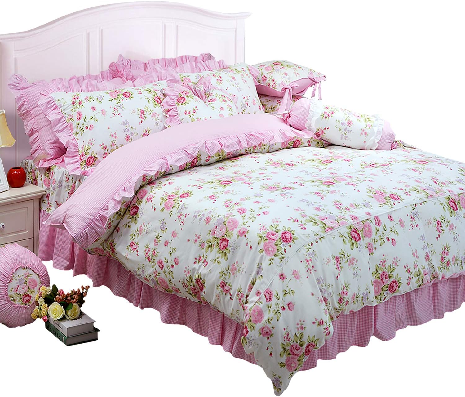 FADFAY Shabby Pink Duvet Cover Set Rose Floral Bedding Collection Elegant Princess Lace Ruffle Quilt Cover Set for Girls 4 Pieces Queen Size